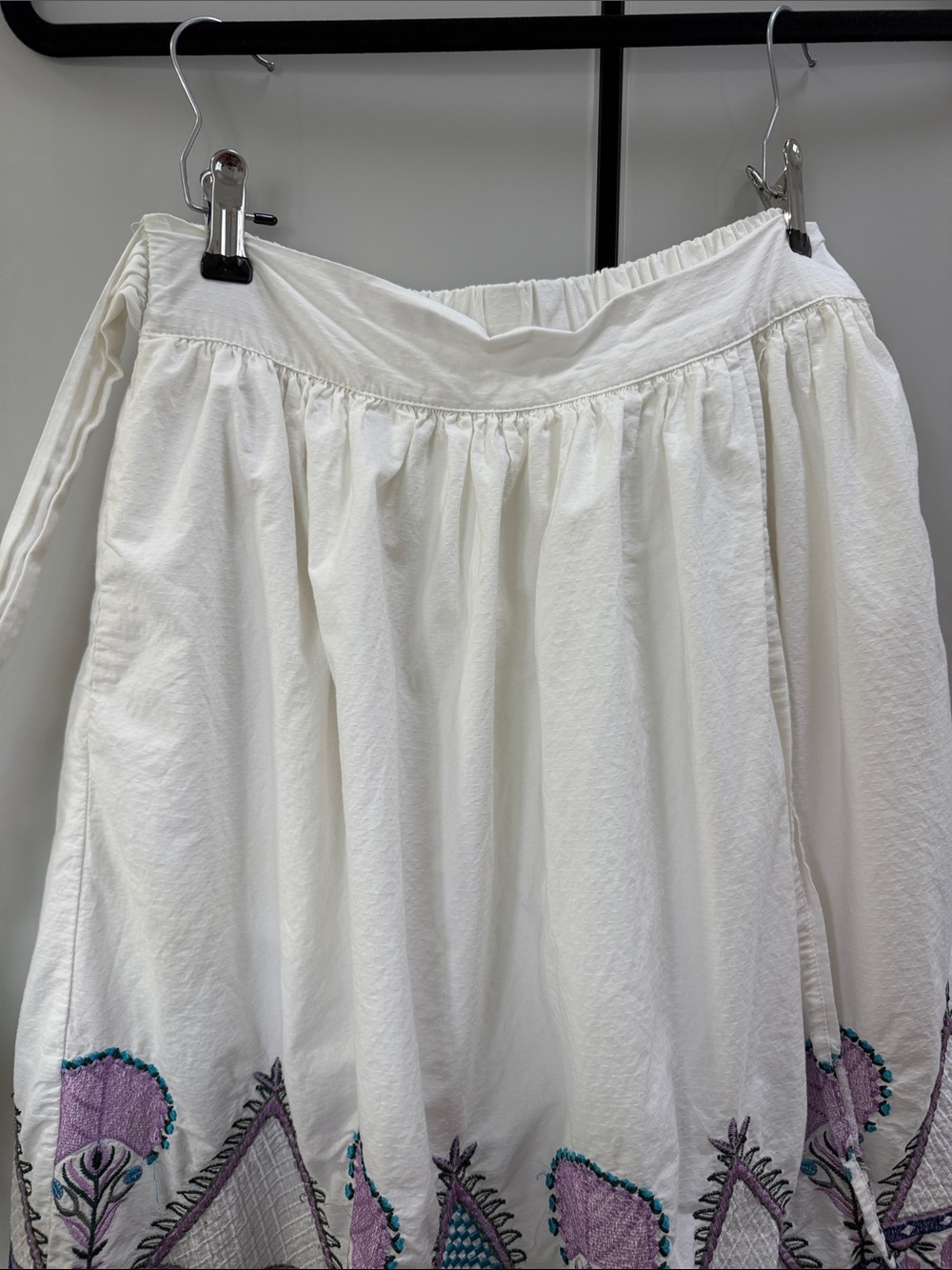 Anthropology White Embroidered Tiered Skirt with Purple & Teal Accents - Picture 3 of 7